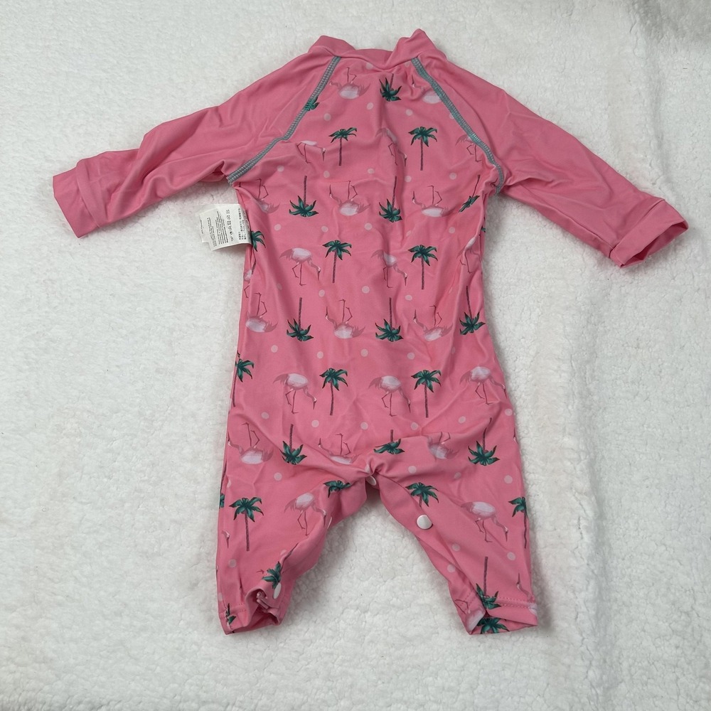 Bonverano UV Sun Suit Baby Girls 6-9M Pink Flamingo Palm Rashguard One Piece Hat - Picture 2 of 16